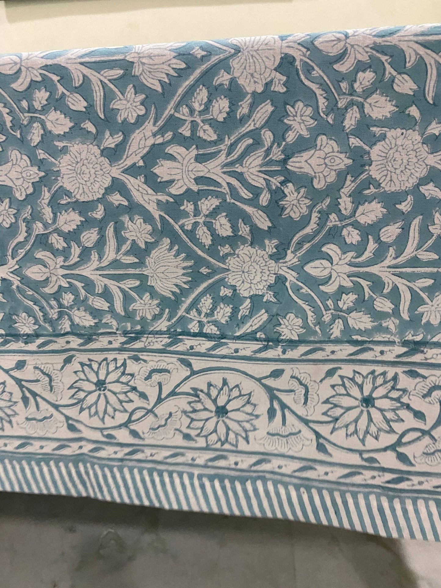 Teal Gray Hand Block Print Cotton Tablecloth