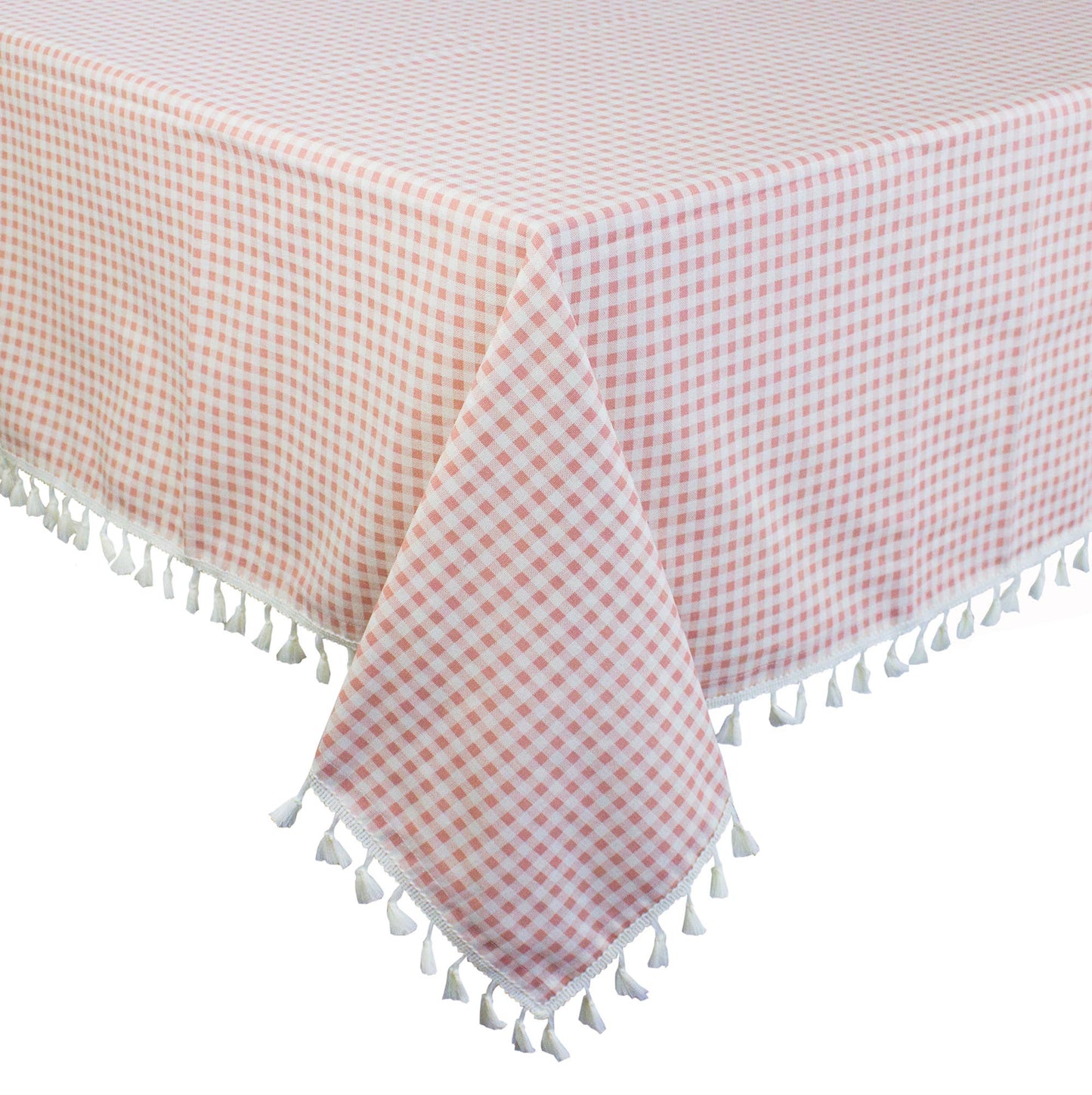 Gingham Check Tasseled Trim Cotton Blend Tablecloth