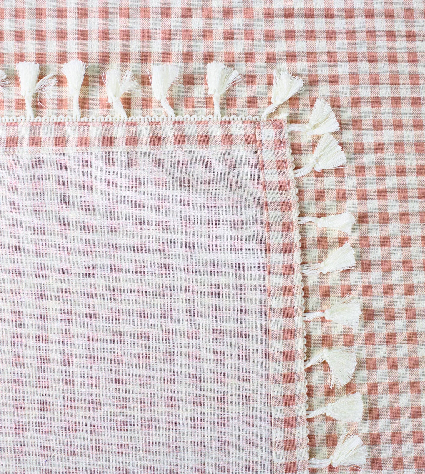 Gingham Check Tasseled Trim Cotton Blend Tablecloth