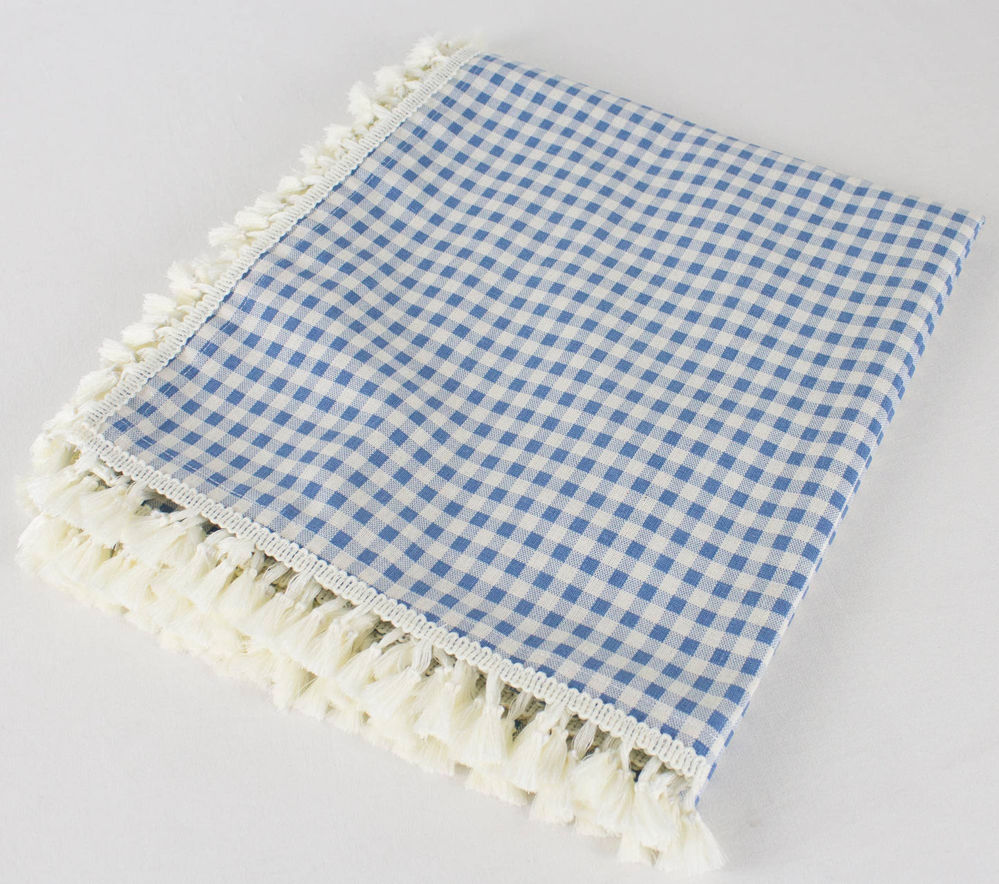 Gingham Check Tasseled Trim Cotton Blend Tablecloth