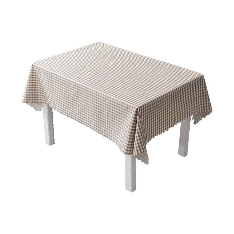Brown-White Plaid Waterproof Scalloped 55" Square Tablecloth