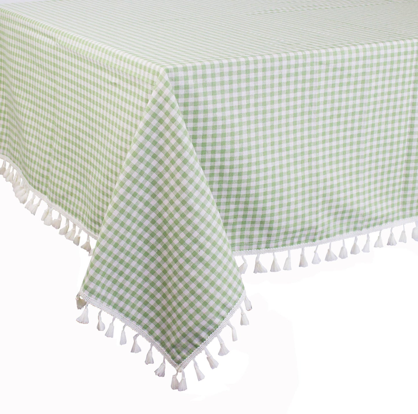 Gingham Check Tasseled Trim Cotton Blend Tablecloth