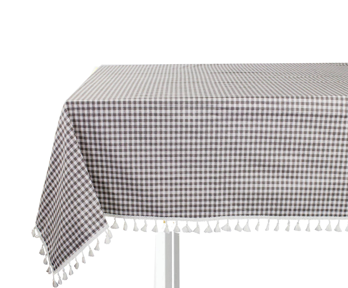 Gingham Check Tasseled Trim Cotton Blend Tablecloth