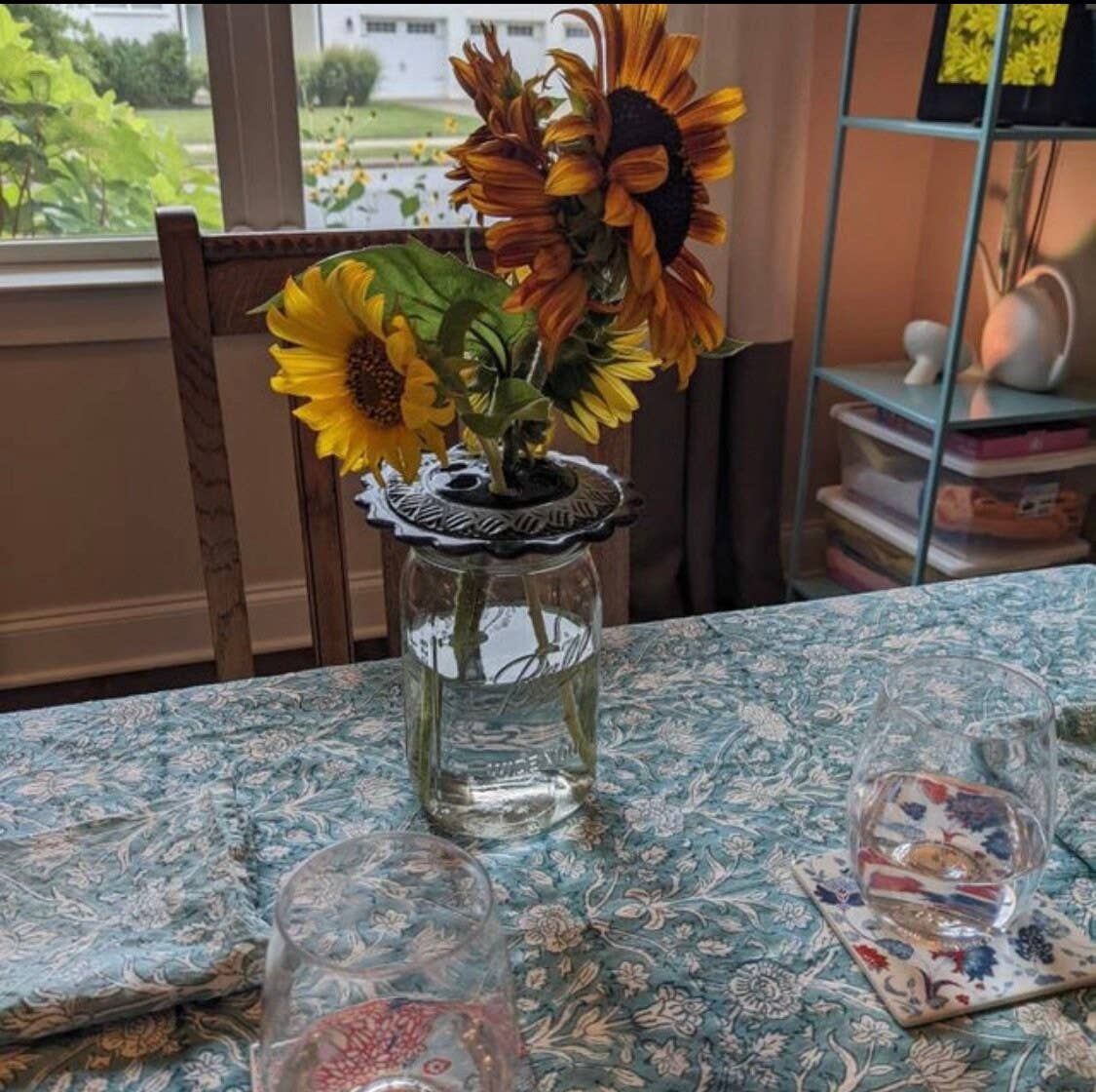 Teal Gray Hand Block Print Cotton Tablecloth