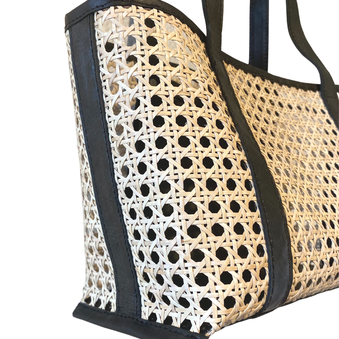 Amelia Cane & Leather Tote in Black: Large