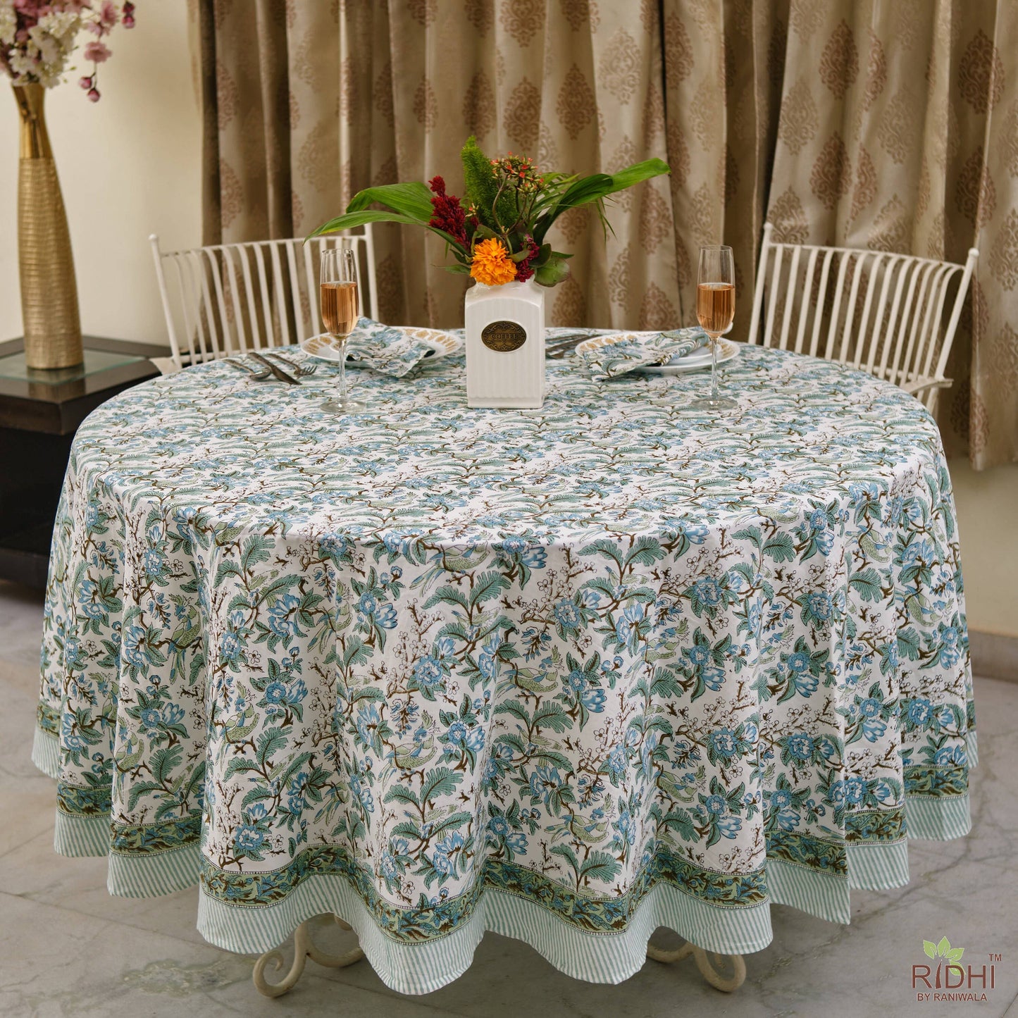 Sage and Russian Green Block Print Cotton Round Tablecloth