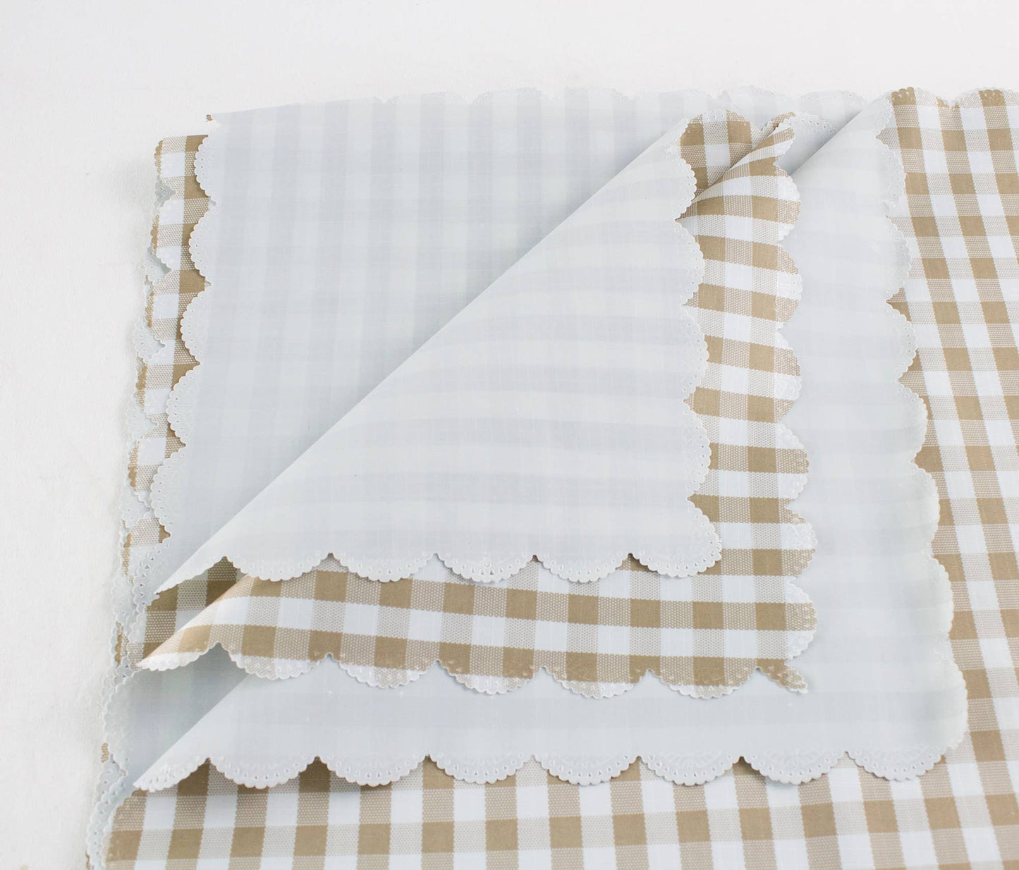 Brown-White Plaid Waterproof Scalloped 55" Square Tablecloth