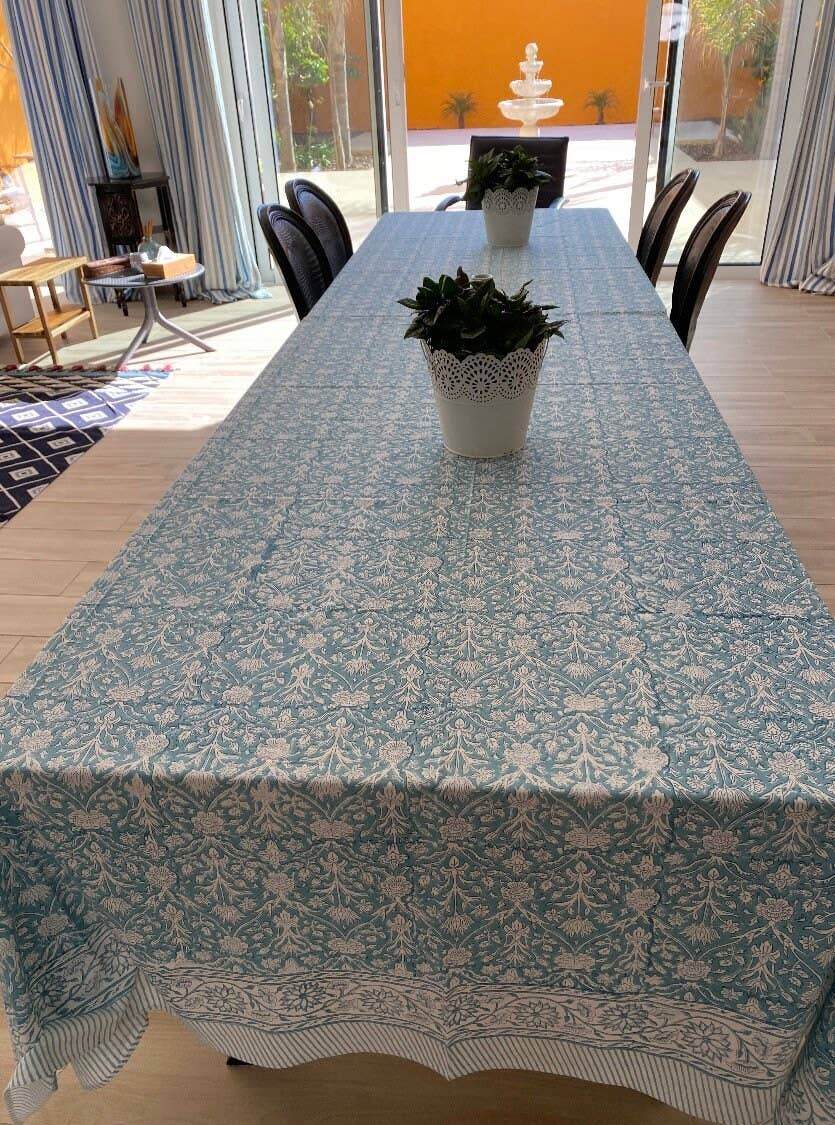 Teal Gray Hand Block Print Cotton Tablecloth