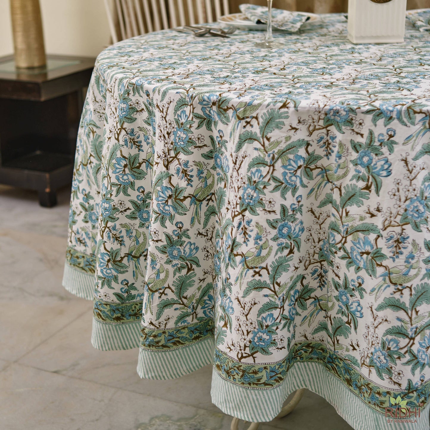 Sage and Russian Green Block Print Cotton Round Tablecloth