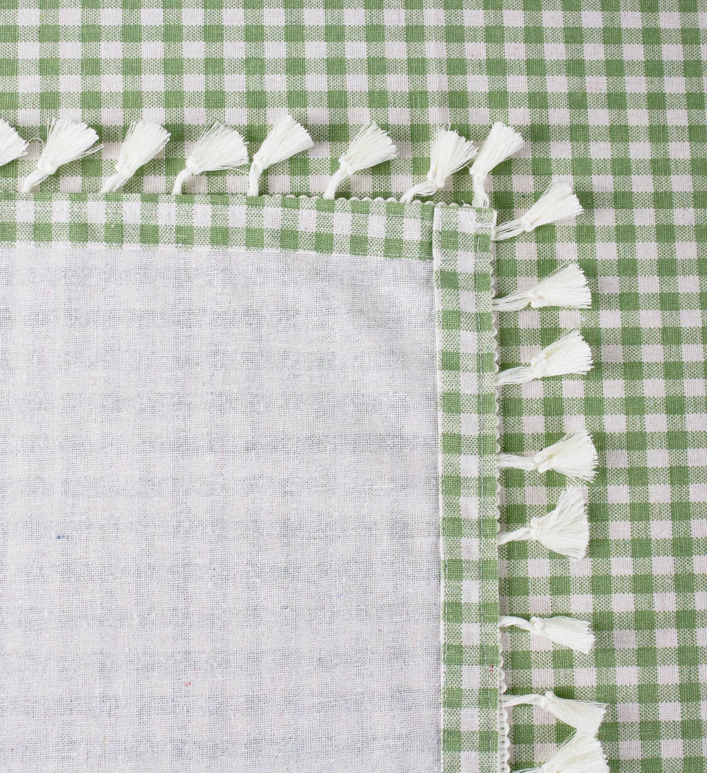 Gingham Check Tasseled Trim Cotton Blend Tablecloth