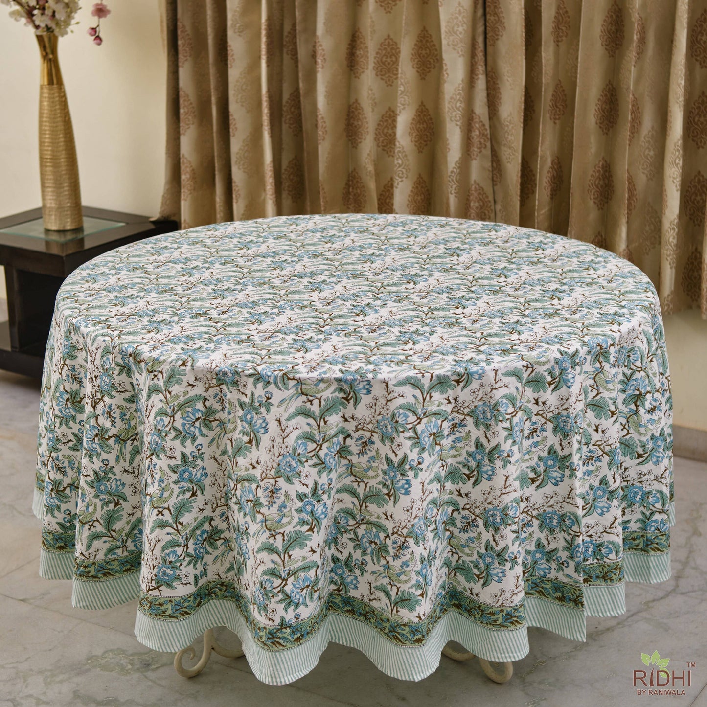 Sage and Russian Green Block Print Cotton Round Tablecloth
