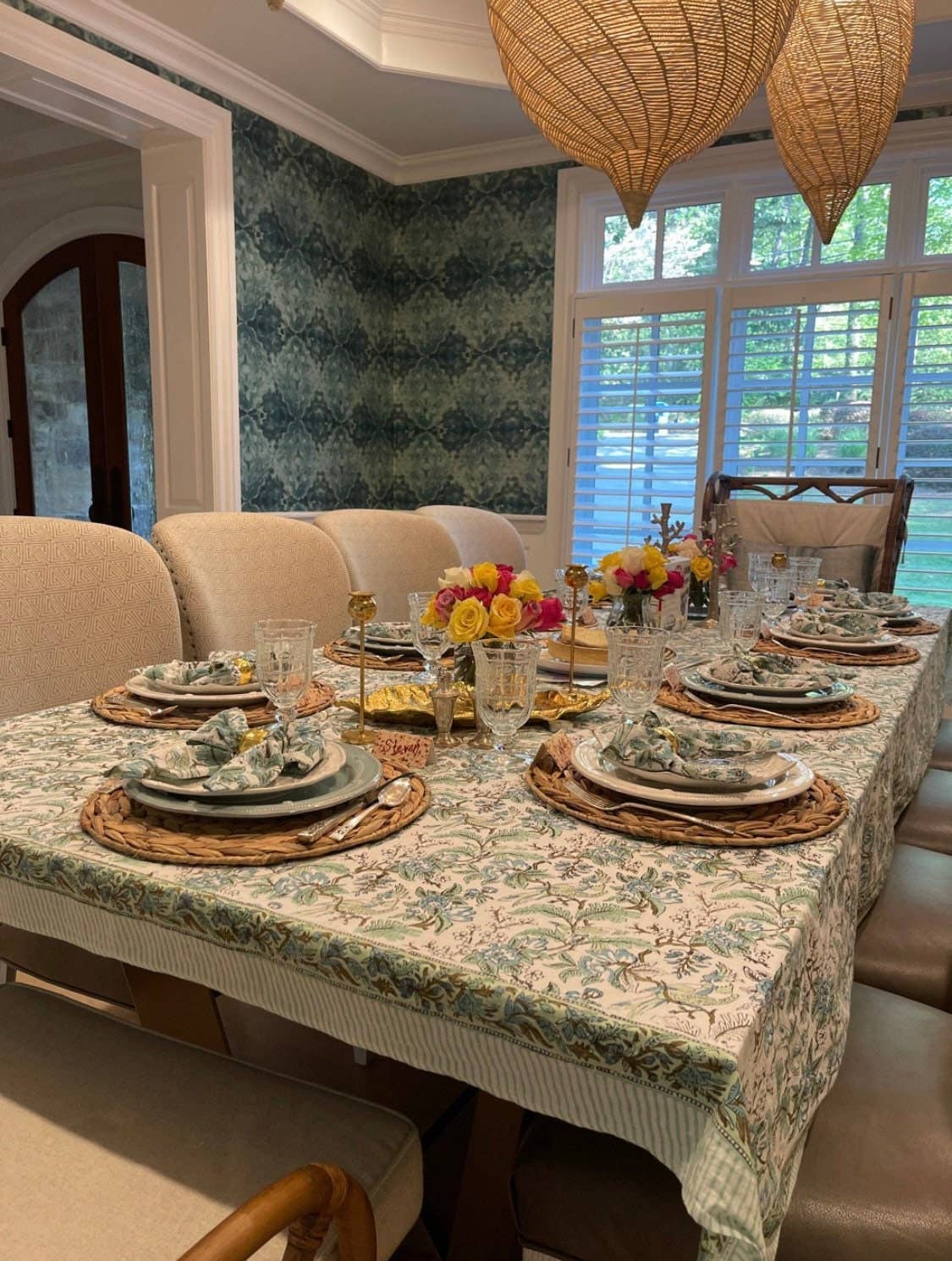 Sage Russian Green Hand Block Print Cotton Tablecloth