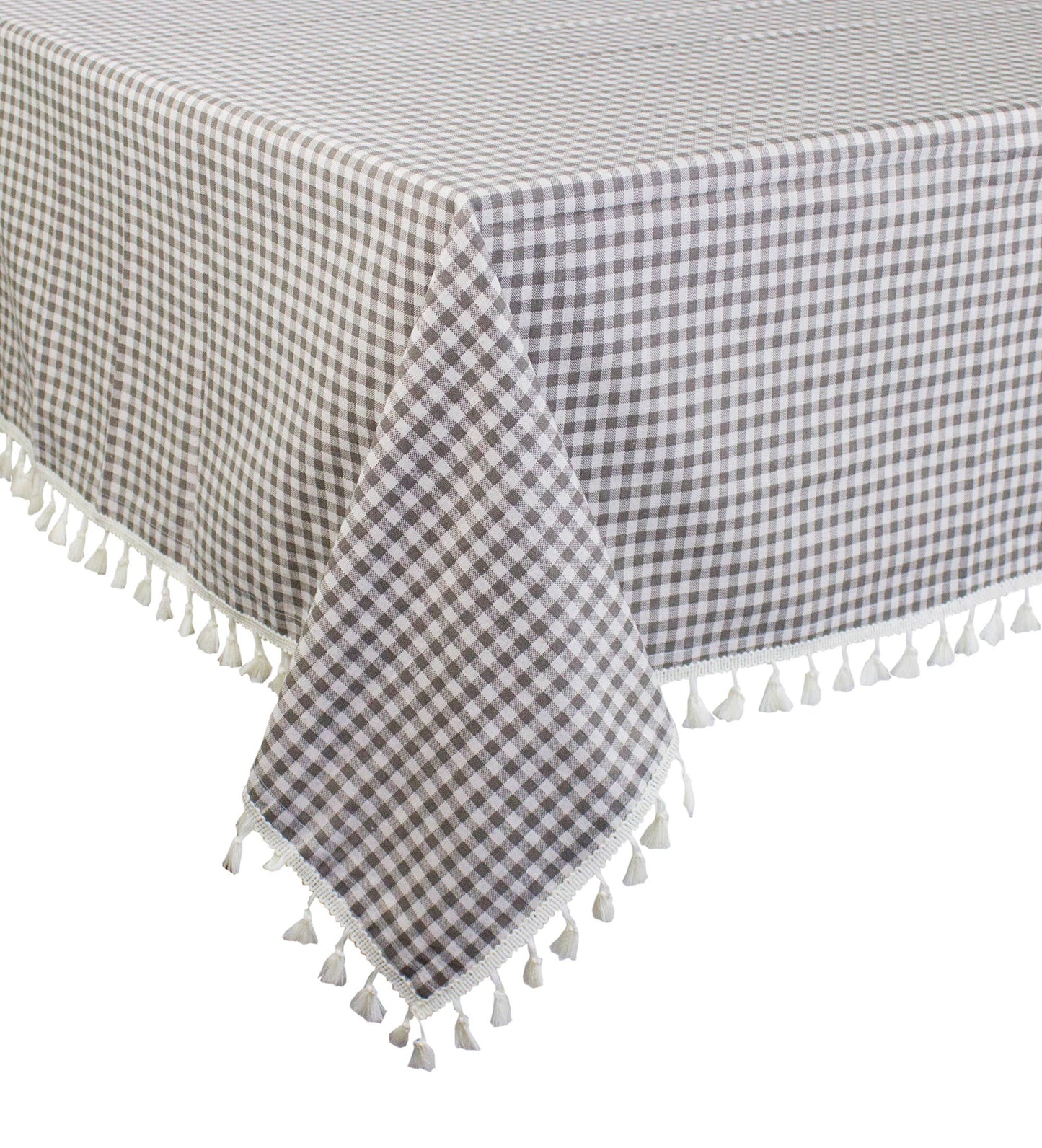 Gingham Check Tasseled Trim Cotton Blend Tablecloth
