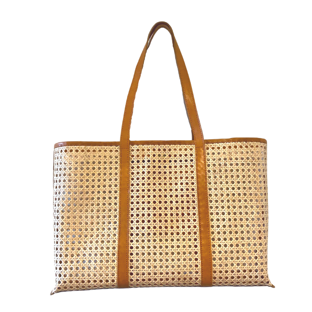 Amelia Cane & Leather Tote in Black: Large
