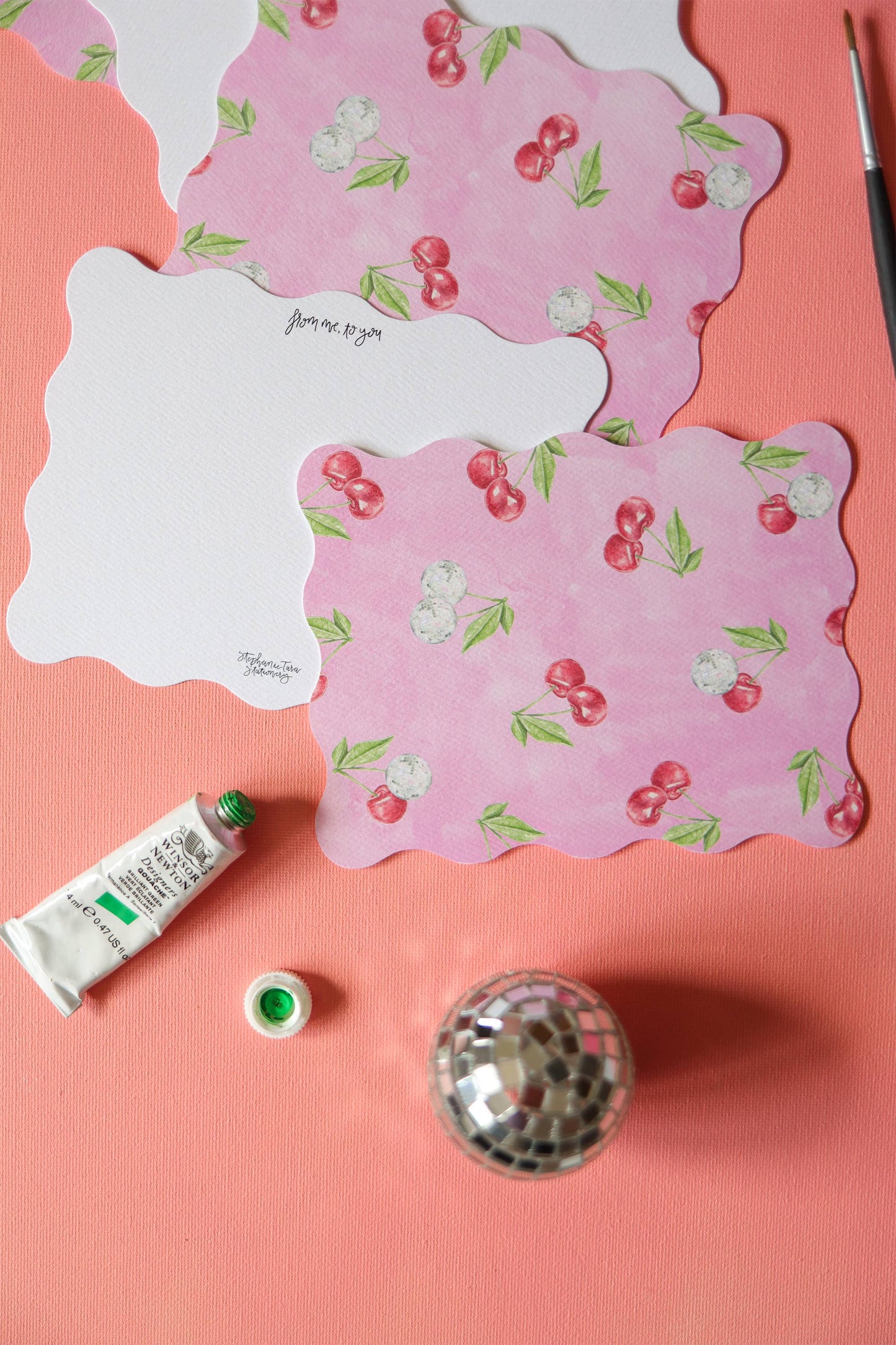 retro disco ball, cherry, wavy edge die cut notecard set