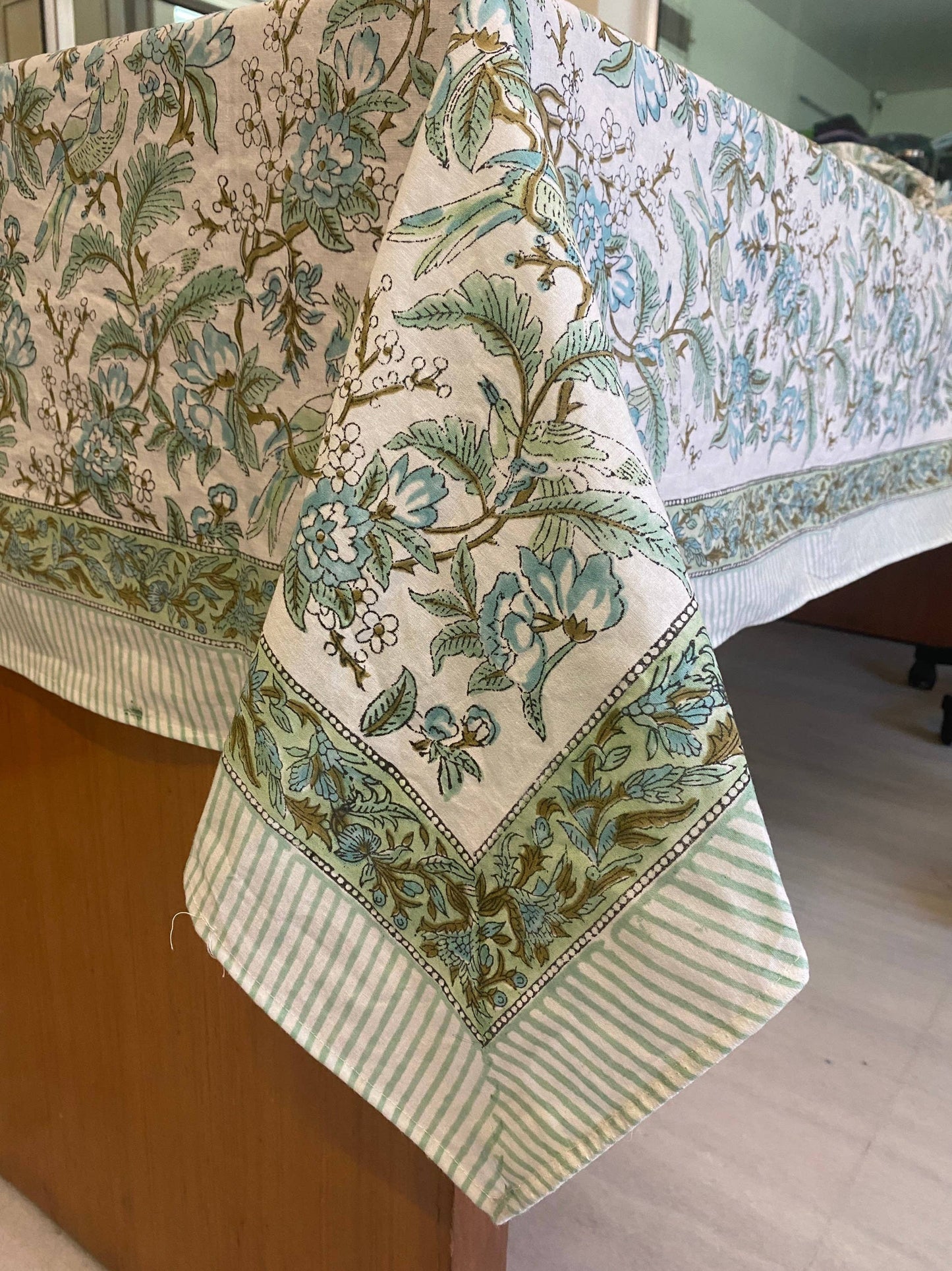 Sage Russian Green Hand Block Print Cotton Tablecloth