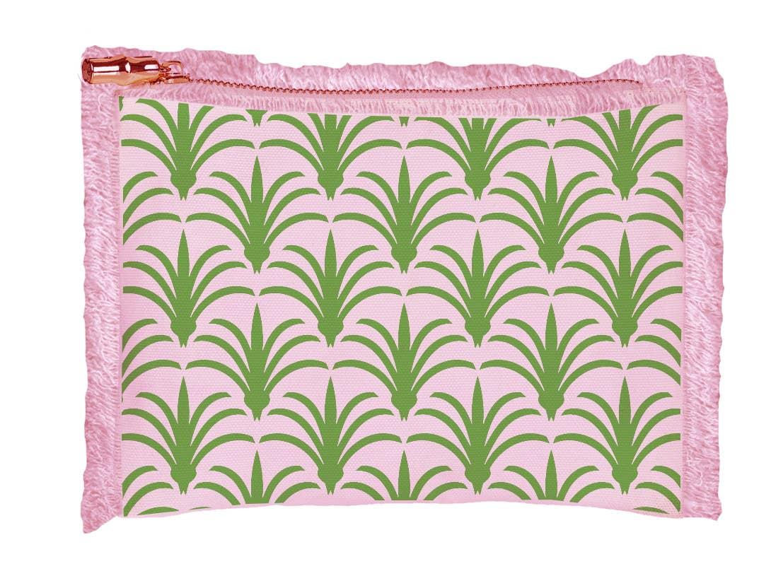 Pink Fringe Flat Zip Cosmetics Bag - Green Fleur