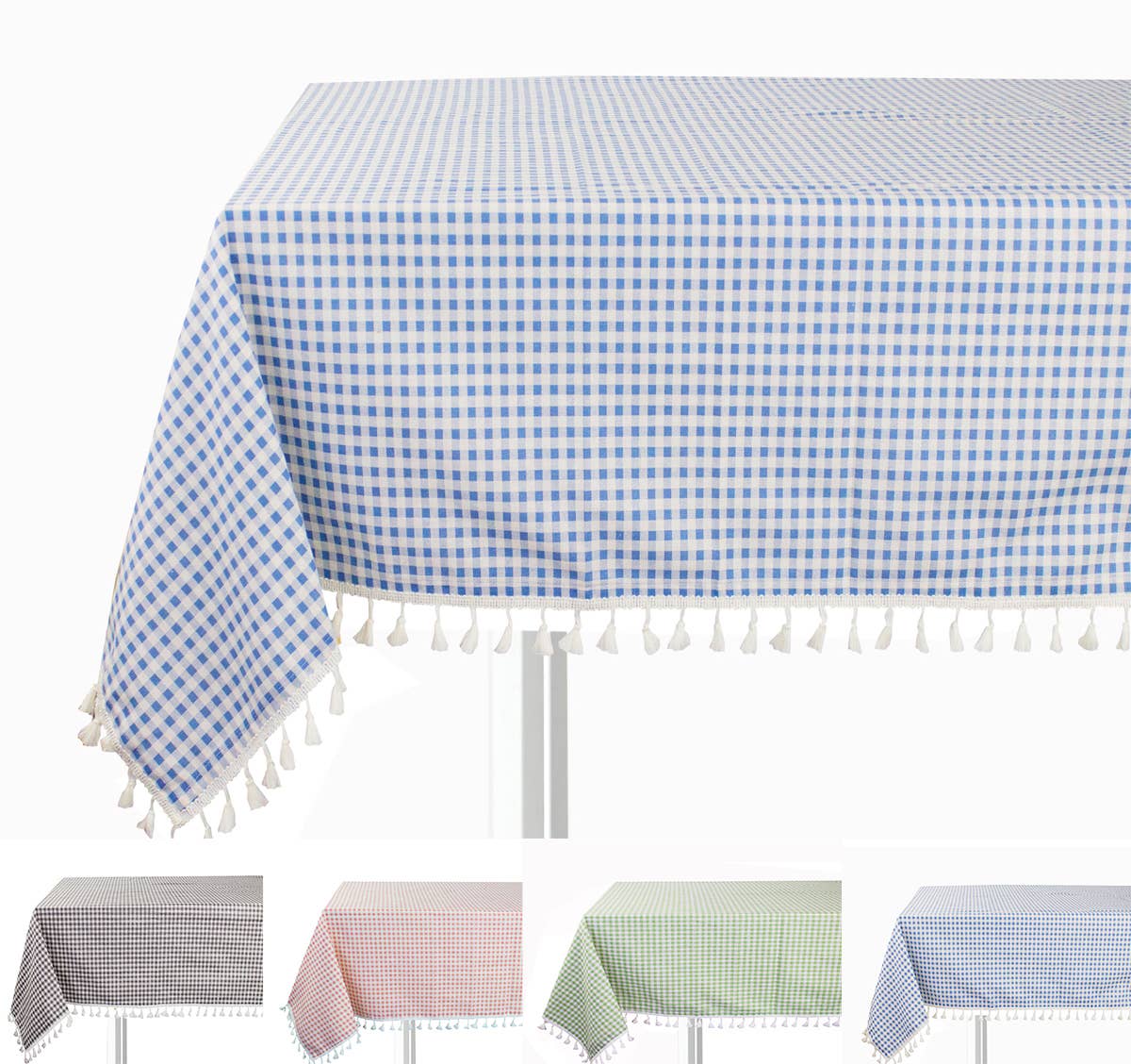 Gingham Check Tasseled Trim Cotton Blend Tablecloth