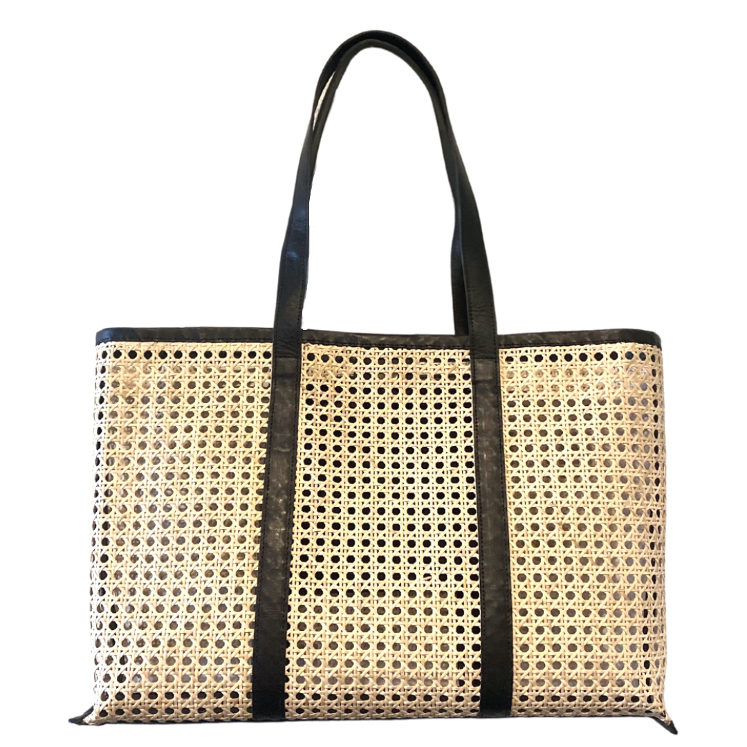 Amelia Cane & Leather Tote in Black: Large
