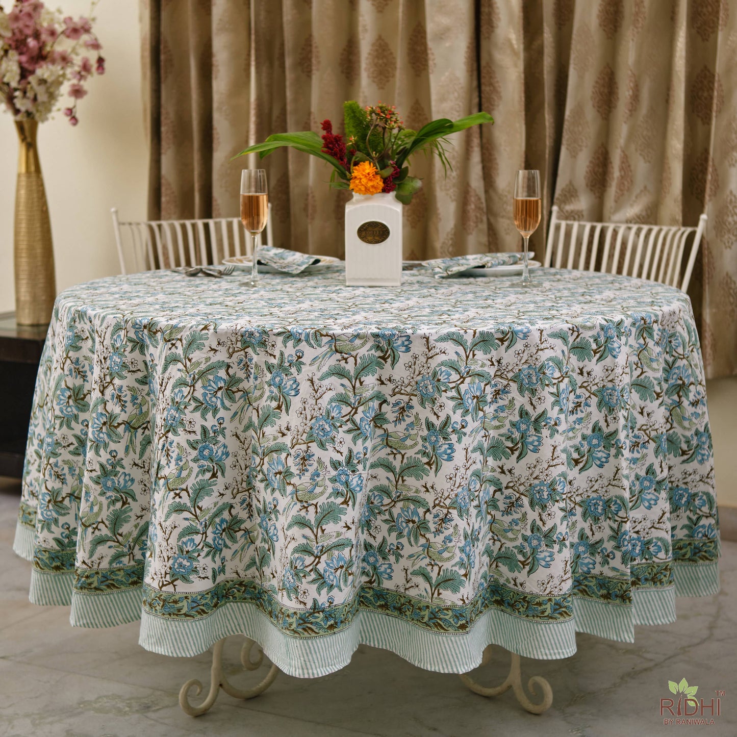 Sage and Russian Green Block Print Cotton Round Tablecloth