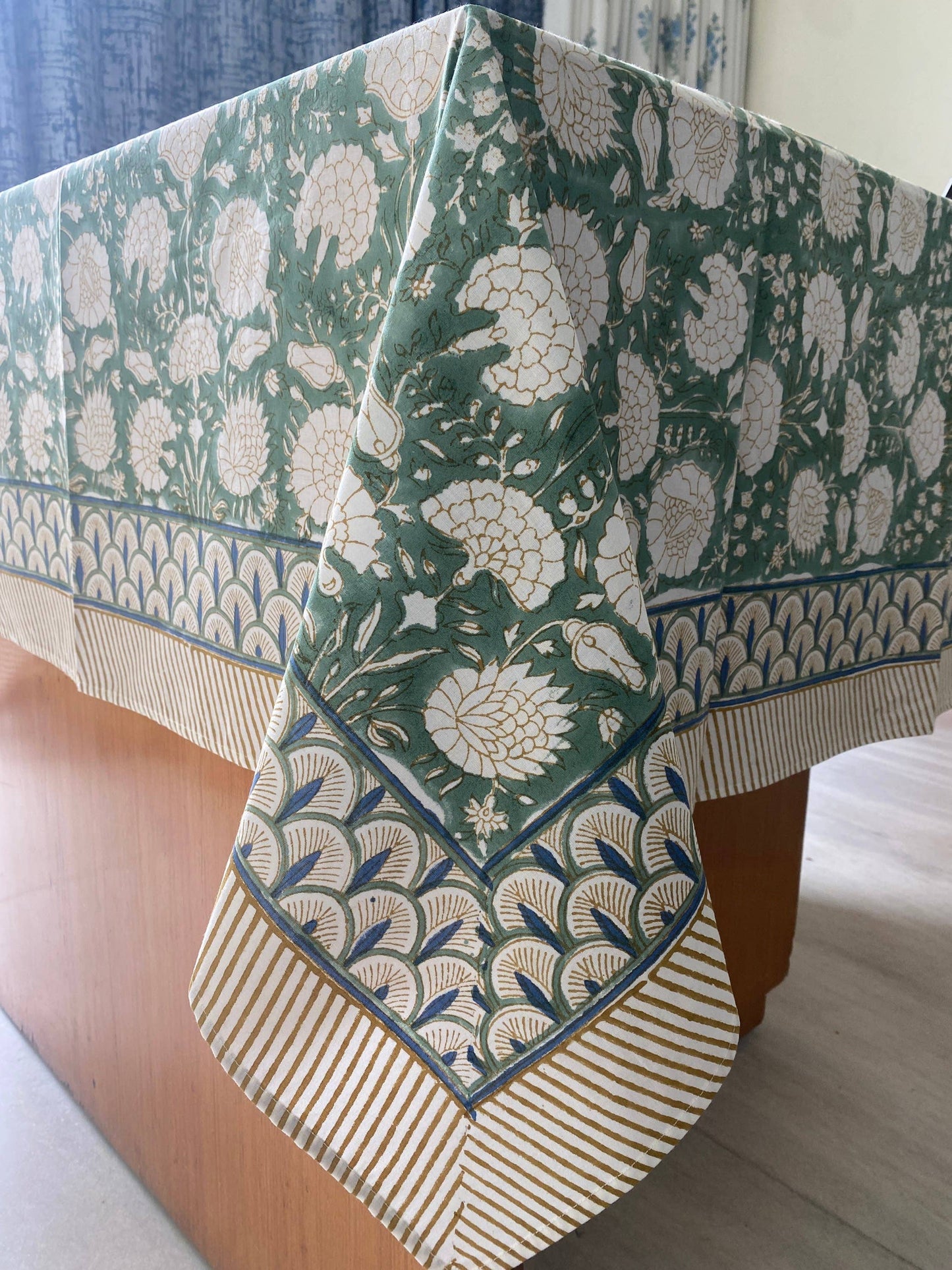 Turquoise Old Moss Green Hand Block Print Cotton Tablecloth