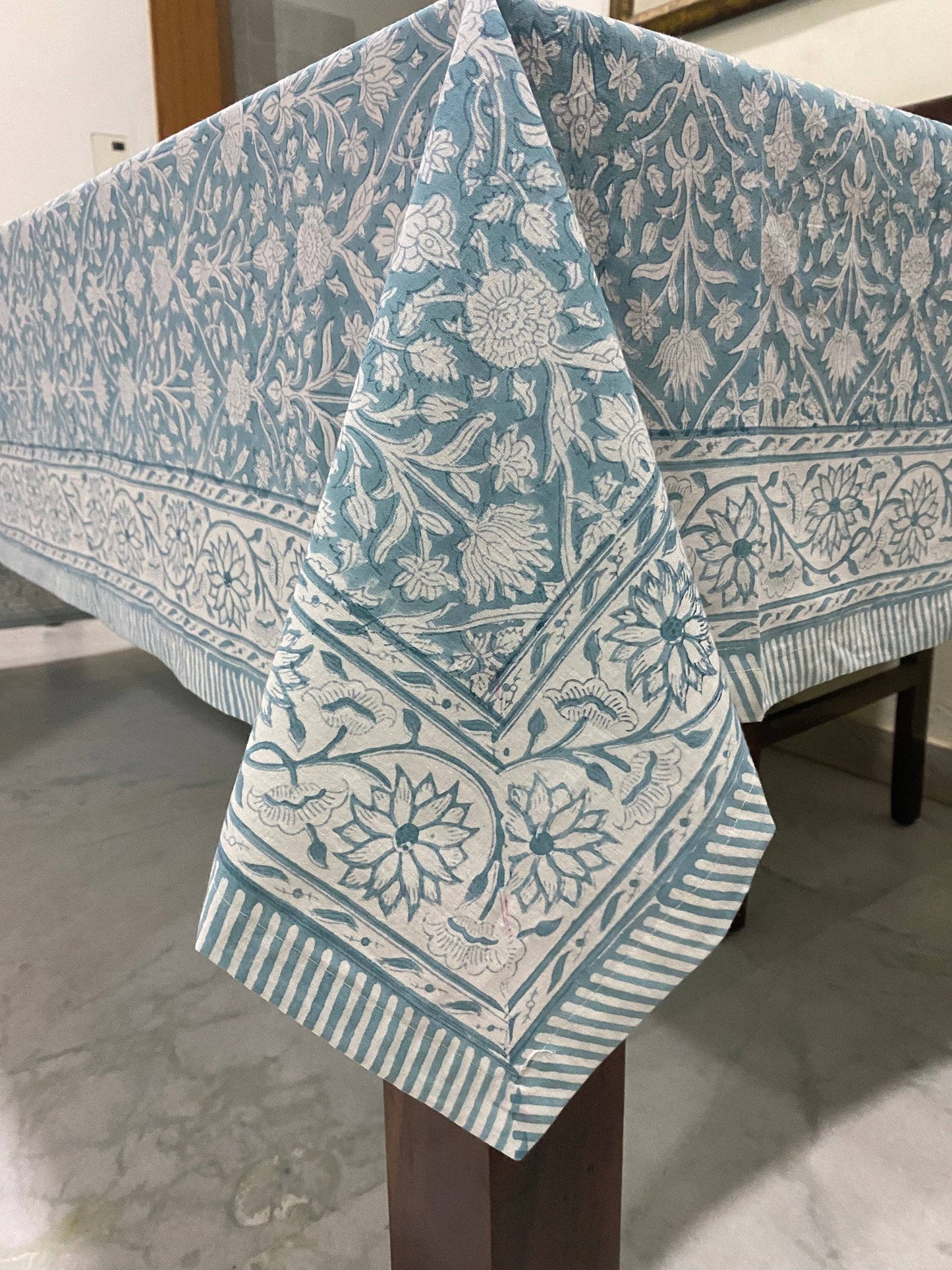 Teal Gray Hand Block Print Cotton Tablecloth