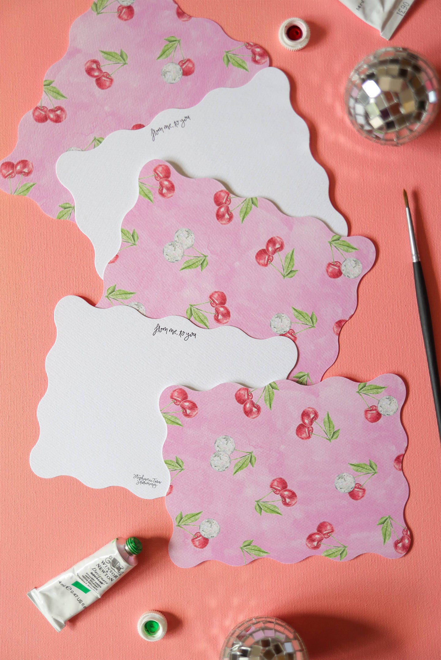 retro disco ball, cherry, wavy edge die cut notecard set