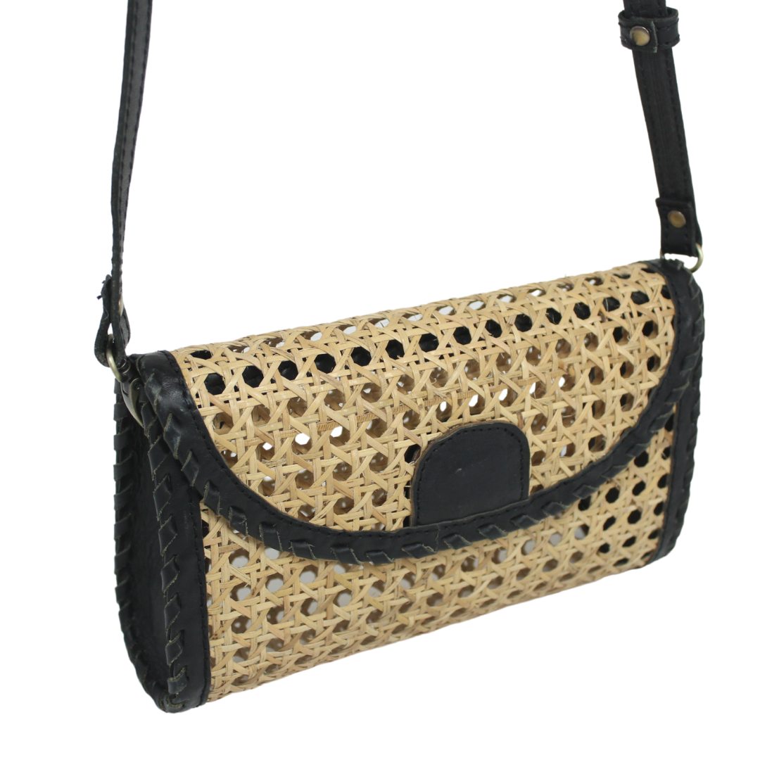 Ainsley Cane and Leather Crossbody Bag in Black